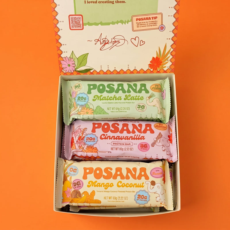 Posana Variety Pack — open box showing three plant-based protein bars