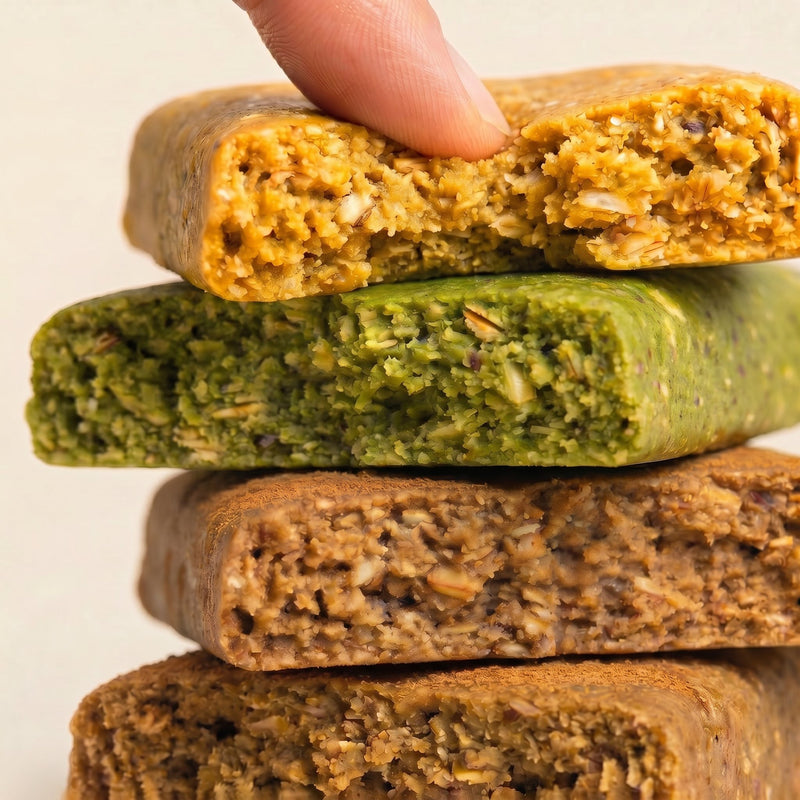 Posana Variety Pack — three flavor bars stacked showing soft chewy texture